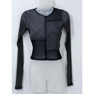 Metallic Silver Glitter Patchwork Sheer Mesh Crop Top womens sz M goth rave club